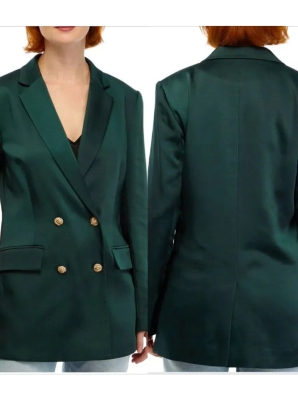 Sam Edelman Dark Green Satin Blazer Gold Buttons Small Oversized NWT $179